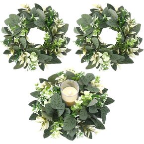 3 Pcs Artificial Eucalyptus Leaves Wreaths, Greenery Garland Candle Rings Wreaths, Farmhouse Boho Wreath Pillar Holder for Wedding Party Home Table Door in Saudi Arabia