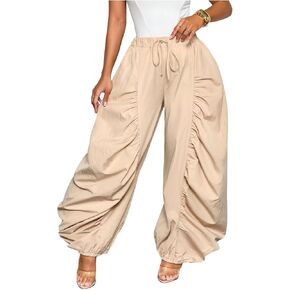 WDIRARA Women's Ruched Parachute Pants Drawstring Elastic Waist Loose Hippie Balloon Pants in Kuwait