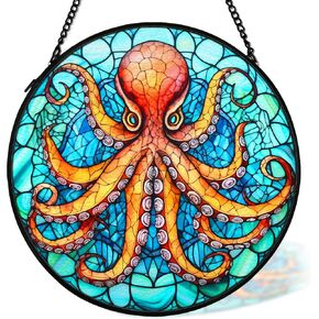 Coastal Beach Octopus Suncatcher Stained Glass Window Hanging Decor, Ocean Octopus Nautical Stained Glass Wall Decor Gifts, Beachy Sun Lawn Garden Catchers Window Hanging Wall Art, 7.9x7.9In in Saudi Arabia