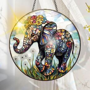 Colorful Acrylic Suncatcher, Elephant Hanging Window Decor with Printed Stained Glass Style Design Sun Catcher, Rainbow Maker Wall Art, Gift Idea & Garden Ornament Indoor Outdoor Use 7.8 x 7.8 inch in Kuwait
