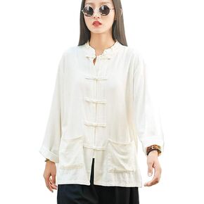 LUZU JUNU Women's Casual Cotton Linen Button Down Blouse Long Sleeve Loose T-Shirt Tops with Pockets in Saudi Arabia