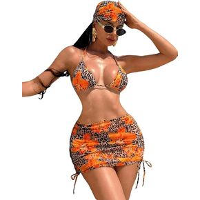 RoseSeek Women's 4 Piece Swimsuits Floral Cheetah Bikini Sets Bathing Suit with Mesh Cover Up Skirt & Bandana in Kuwait