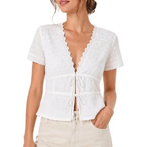 Womens Summer Boho Tie Front V Neck Tops Short Sleeve Casual Eyelet Sheer Shirts Flowy Lace Blouse Streetwear Going Out in Saudi Arabia