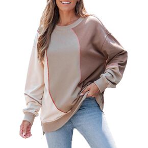 popvil Crewneck Sweatshirt Oversized Pullover Color Block Loose Long Sleeve Shirts Fall Clothes 2025 Workout Shirt in Saudi Arabia