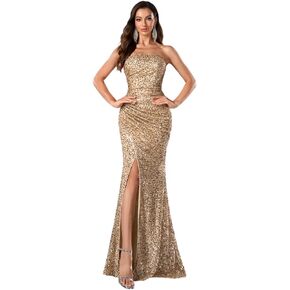 Women's Sequin Prom Maxi Dress Strapless Mermaid Formal Evening Ball Gowns with Slit in Saudi Arabia