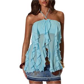 MakeMeChic Women's Ruffle Halter Top Sheer Sleeveless Slim Fit Tie Open Back Bohemian Crop Tank Tops in Saudi Arabia