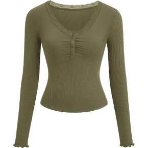 PRETTYGARDEN Womens Fall Long Sleeve Tops Lace Trim V Neck Button Henley Tshirts Slim Fitted Going Out Y2k Basic Shirts 2026 in Kuwait