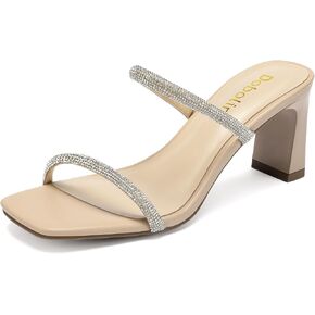 Womens Rhinestone Block Heel Sandals Square Open Toe Two Strap Slip On Mules Sparkly High Heels Daily Party Wedding Dress Shoes in Saudi Arabia