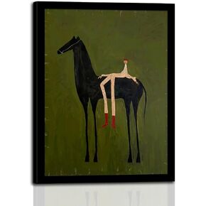 Abstract Horse Wall Art with Wooden Frame – Vintage Surreal Horse and Figure Painting, Olive Green Textured Minimalist Artwork, Retro Modern Framed Wall Decor Print 16×24 Inch in Saudi Arabia