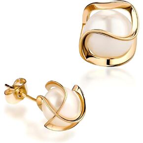 18K Gold Plated Twisted Caged Pearl Stud Earrings for Women | Hypoallergenic Nickel-Free Ear Studs Earring | Elegant Gift Set with Box in Saudi Arabia