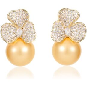 14K Gold Moissanite Flower Pearl Earrings, Vintage Micro Pave CZ Stud Earrings for Women Wedding Anniversary, Elegant Delicate Jewelry for Daily Casual Date Night Out in Saudi Arabia