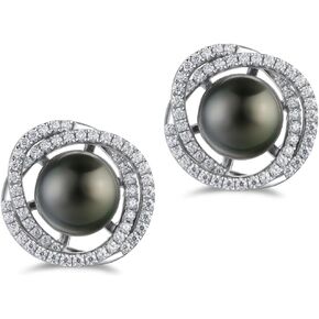 Lunar Belle Tahitian Black Pearl Marine Swirl Stud Earrings with Moissanite Halo in 925 Sterling Silver, Luxury Jewelry Gifts for Women (Marine Whirl Pearl) in Saudi Arabia