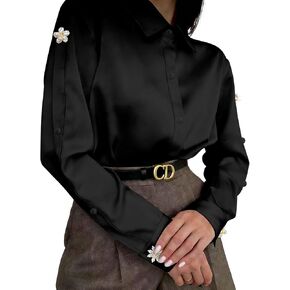 Women's Elegant Satin Blouse with Pearl Flower Embellishments, Long Sleeve Button Down Shirt for Office & Party in Saudi Arabia