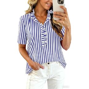 Womens Short Sleeve Tops Striped Plaid Button Down Shirts V Neck Ruffle Blouse Summer Casual Business Work Shirts in Saudi Arabia