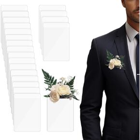 Wedding Boutonniere Holder 20 Pack, No-Sew Plastic Square Flower Sleeves for Groom & Groomsmen, Horizontal Pocket Flower Vials for Suit Jacket Chest Pocket, Prom, Homecoming (NO Flowers) in Saudi Arabia