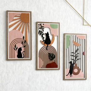 Boho Black Cat Wall Art for Living Room - 3Pcs Cat & Sun Wood Wall Decor, Minimalist Geometric Black Cat Design, Rustic Bohemian Hanging Art for Women, Homeowners, Renters, Bedroom, Bathroom, Office, Housewarming Gift for Cat Lovers in Saudi Arabia