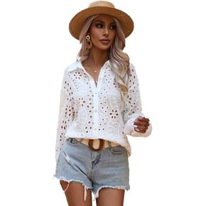 Womens Blouses Eyelet Embroidery Button Front Shirt Long Sleeve Casual Shirt Fashion Tops in Saudi Arabia