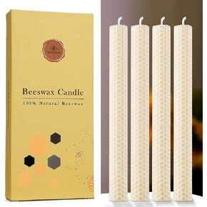 Pack of 4 Beeswax Taper Candles Hand Rolled - Dripless - Organic Natural Scent - 8 Inch in Off White in Saudi Arabia