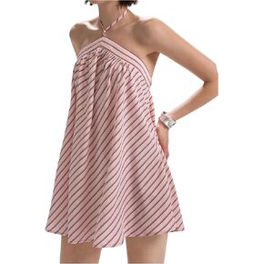 OYOANGLE Women's Striped Tie Backless Cami Halter Dress Sleeveless Flared A Line Short Going Out Dress in Saudi Arabia