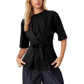 Womens Tie Waist Oversized T Shirt Crew Neck Half Sleeve Casual Belted Blouses Shirts Front Tie Cinch Waist Tops in Saudi Arabia
