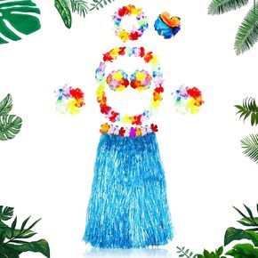 Hawaiian Hula Grass Skirt Adult Set, Blue | Flowers Costume, Matching Elastic Flowers, For Luau Beach Party, Tropical Party Decor in Kuwait