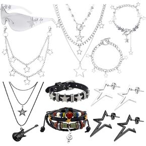 Y2k Accessories Set Y2k Jewelry Set Star Y2K Choker Necklace Sunglasses Earrings Pants Chain Bracelet Grunge Punk Rock Roll Star Accessories Grunge Emo Jewelry Gifts For Women in Saudi Arabia