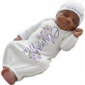 New Baby Girl's Printed White Purple Floral Personalized Infant Gown Coming Home Outfit in Saudi Arabia
