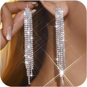 Silver Shiny Rhinestone Long Tassel Dangle Earrings for Women Trendy, Unique Bling Zirconia Drop Earring Dainty Prom Party Jewelry Accessories Gift in Saudi Arabia
