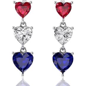 925 Sterling Silver Earrings Rhodium Plated, Fourth of July Accessory American Flag Themed, Patriotic Red, White, Blue Heart Shaped Gemstone Dangling Earrings for Women Ideal Memorial Day Jewelry Gift in Kuwait