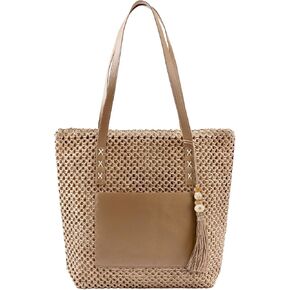 Straw Beach Tote Bag for Women - Lightweight Summer Beach Purse with PU Front Pouch for Travel Vacation Pool | Zipper Closure in Saudi Arabia