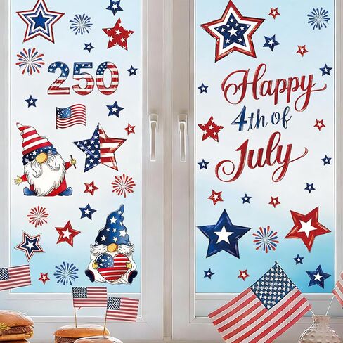 6Pcs 250th Anniversary Patriotic Window Clings Independence Day Window Stickers with American Flag Star Design 4th of July Window Decals Reusable Cute Static Sticker for Home Office Party Window Decor in Kuwait