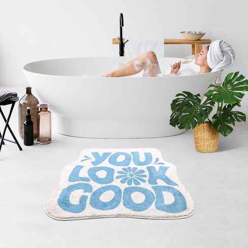 SHIYUE You Look Good Bath Mat Cute Funny Flower Bathroom Rug, Soft Absorbent Water Non Slip, Superior Washable Microfiber Cool Shower Preppy Decor Rug (Sky Blue 21"x25") in Saudi Arabia
