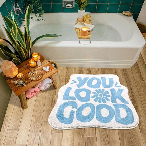 SHIYUE You Look Good Bath Mat Cute Funny Flower Bathroom Rug, Soft Absorbent Water Non Slip, Superior Washable Microfiber Cool Shower Preppy Decor Rug (Sky Blue 21"x25") in Saudi Arabia