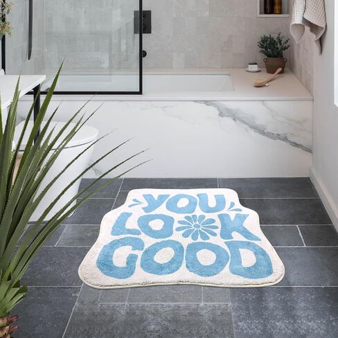 SHIYUE You Look Good Bath Mat Cute Funny Flower Bathroom Rug, Soft Absorbent Water Non Slip, Superior Washable Microfiber Cool Shower Preppy Decor Rug (Sky Blue 21"x25") in Saudi Arabia