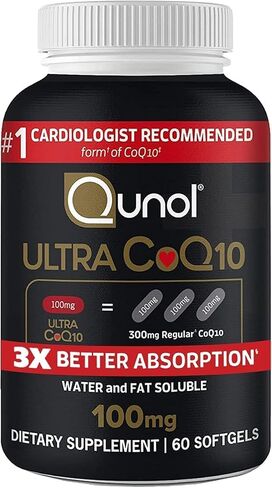 كبسولات هلامية CoQ10 100 ملغ، Qunol Ultra CoQ10 100 ملغ، امتصاص أفضل 3 مرات، مضاد للأكسدة لصحة القلب وإنتاج الطاقة، فيتامينات ومكملات الإنزيم المساعد Q10، كمية تكفي لمدة 3 أشهر، 90 قطعة in Kuwait