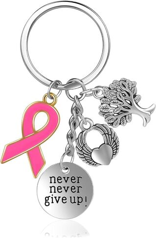 Joyline Inspirational Breast Cancer Gifts for Women - 3D Stainless Steel Never Give Up Keychain with Pink Ribbon Angel Tree Charms, Breast Cancer Awareness Purse Backpack Accessories in Saudi Arabia
