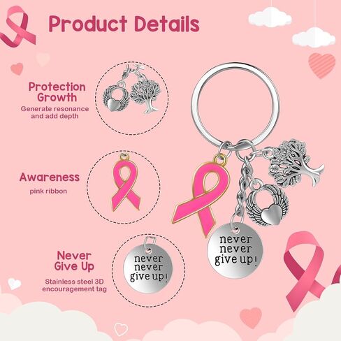 Joyline Inspirational Breast Cancer Gifts for Women - 3D Stainless Steel Never Give Up Keychain with Pink Ribbon Angel Tree Charms, Breast Cancer Awareness Purse Backpack Accessories in Saudi Arabia