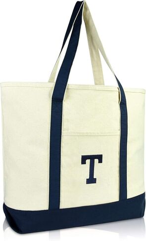 DALIX Initial Tote Bag Personalized Monogram Navy Blue Zippered Top Letter - T in Kuwait