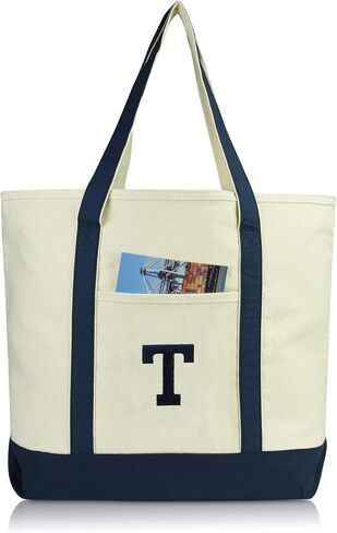 DALIX Initial Tote Bag Personalized Monogram Navy Blue Zippered Top Letter - T in Kuwait