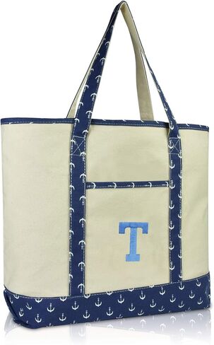 DALIX Initial Tote Bag Personalized Monogram Navy Blue Zippered Top Letter - T in Kuwait