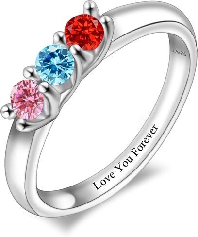 S925 Sterling Silver Personalized 3 Stone Mothers Ring Women Engraved Name Rings for Mom Gemstone Birthstone Forever United For Her Engagement Promise Ring For Women in Saudi Arabia