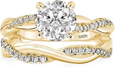 1.2 Carat 925 Sterling Silver Moissanite Wedding Ring Set,4-Prong No Tarnish 14K Yellow Gold Plated Twist Band,D Color 7mm Round Brilliant Cut Lab Created GRA Gemstone,Affordable Luxury Travel-Friendly Ring Jewelry in Saudi Arabia