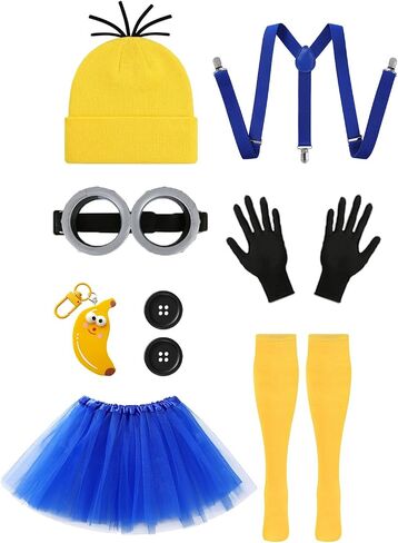 ZIW Yellow Cartoon Character Costume Set for Women Funny Halloween Outfit with Beanie Goggles Gloves Tutu Suspenders Socks Banana Keychain Animated Dress Up Cosplay Kit ZW281 in Saudi Arabia