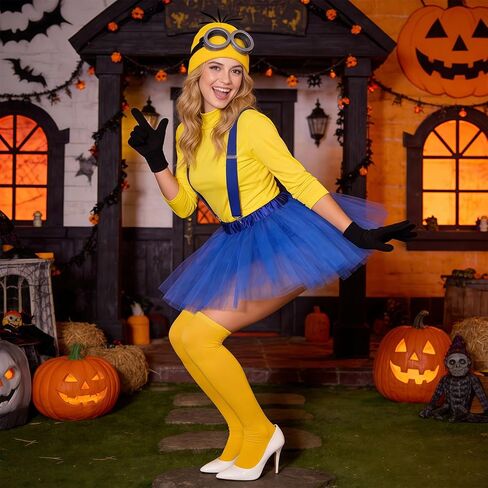 ZIW Yellow Cartoon Character Costume Set for Women Funny Halloween Outfit with Beanie Goggles Gloves Tutu Suspenders Socks Banana Keychain Animated Dress Up Cosplay Kit ZW281 in Saudi Arabia