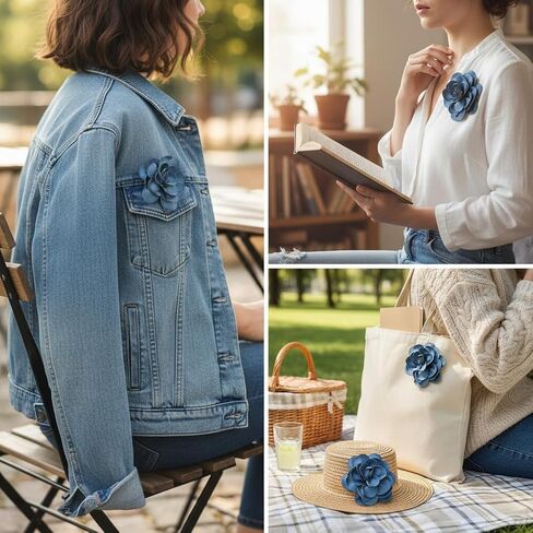 15cm Big Blue Denim Camellia Flower Brooch Pin for Women Girls - Fabric Large Floral Rose Lapel Pins Boho Cowboy Banquet Party Clothes Accessories Dress Corsage Brooches Fashion Jewelry Wedding Bridal in Kuwait