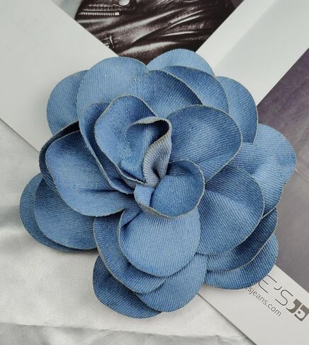 15cm Big Blue Denim Camellia Flower Brooch Pin for Women Girls - Fabric Large Floral Rose Lapel Pins Boho Cowboy Banquet Party Clothes Accessories Dress Corsage Brooches Fashion Jewelry Wedding Bridal in Kuwait