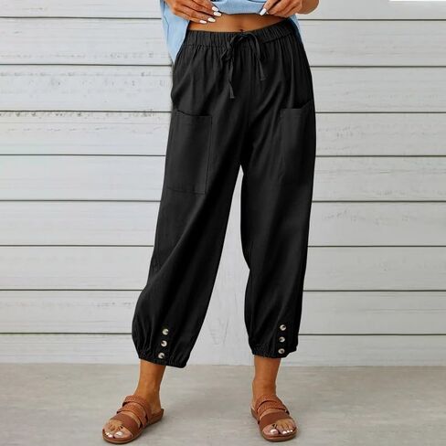 Women's Cotton Linen Pants Drawstring Loose Fit Trousers Casual Summer Beach Button Cuff Lounge Pants with Pockets in Kuwait