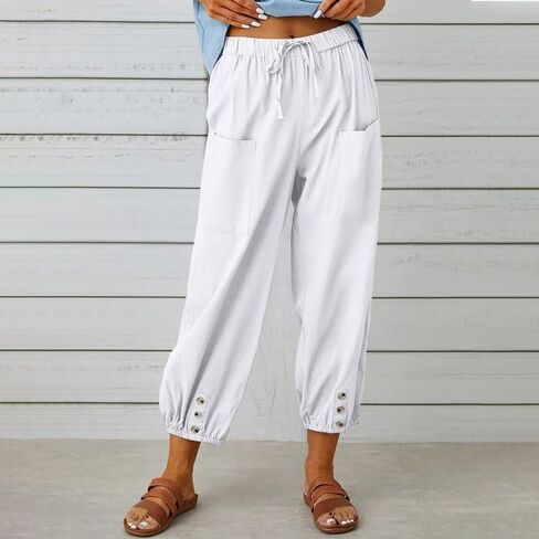 Women's Cotton Linen Pants Drawstring Loose Fit Trousers Casual Summer Beach Button Cuff Lounge Pants with Pockets in Kuwait