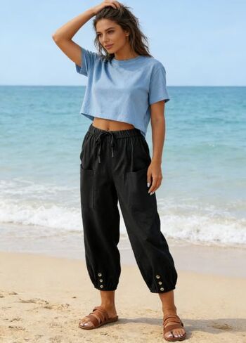Women's Cotton Linen Pants Drawstring Loose Fit Trousers Casual Summer Beach Button Cuff Lounge Pants with Pockets in Kuwait