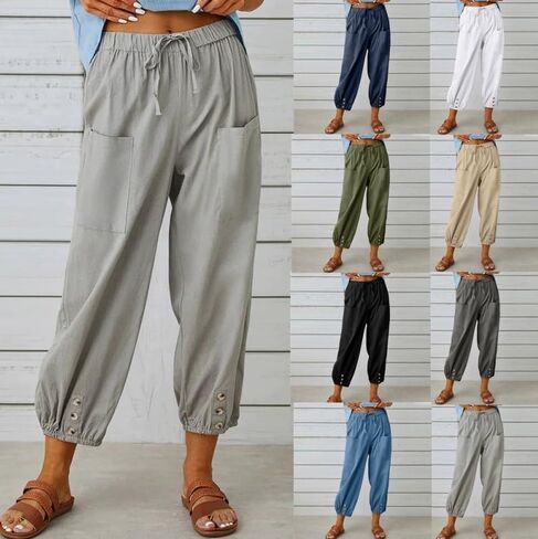 Women's Cotton Linen Pants Drawstring Loose Fit Trousers Casual Summer Beach Button Cuff Lounge Pants with Pockets in Kuwait